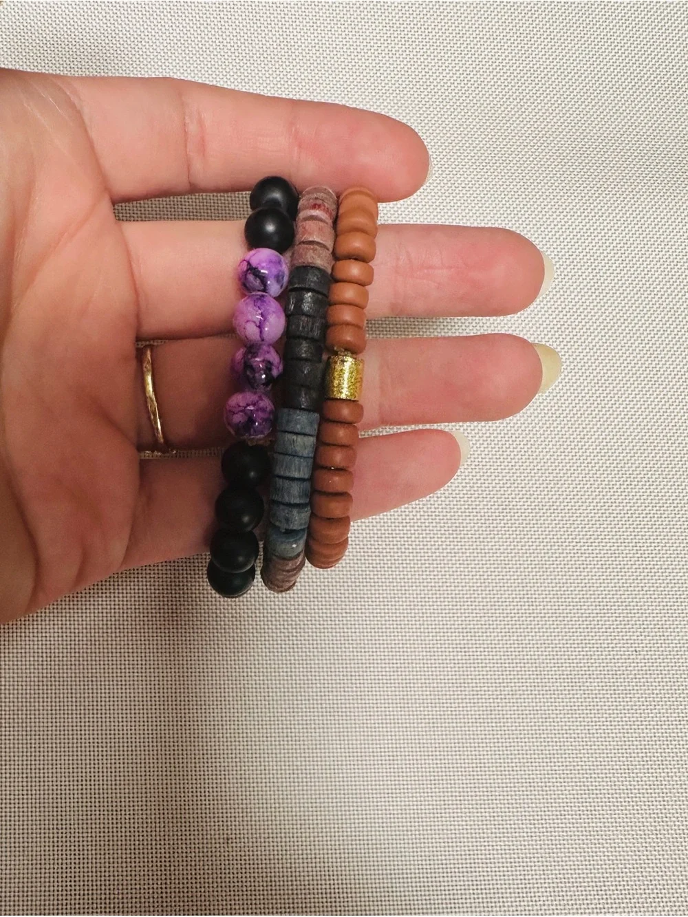 Beaded Stretch Bracelet Trio - Black, Purple, Brown